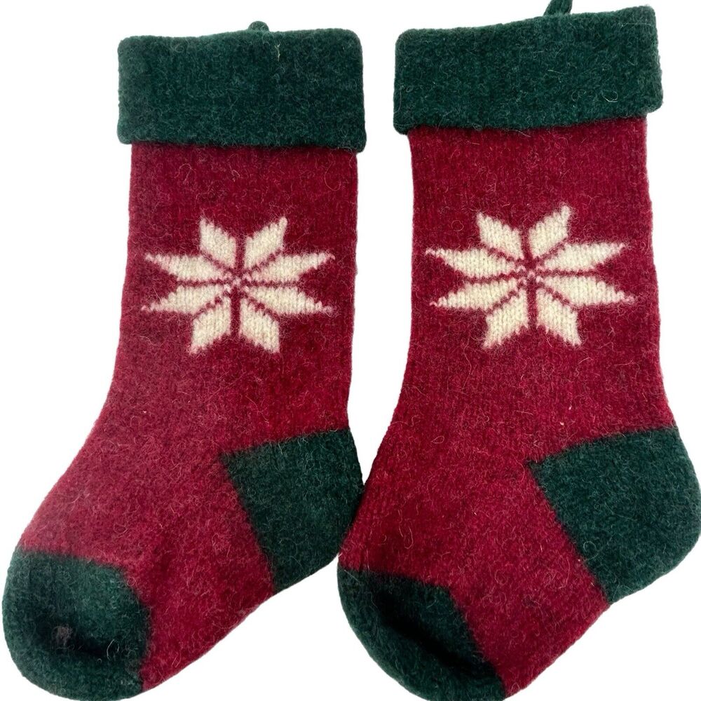 Christmas Stockings Maine Made Wool Red Green White Snowflake Set of 2‎